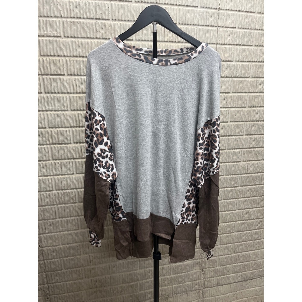Womens Leopard Print Color Block Long Sleeve Top‎ Gray Brown Size M